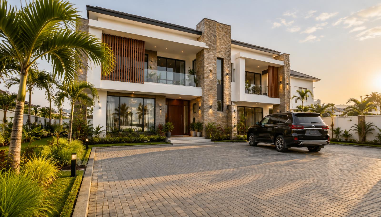 A contemporary luxury duplex residence with stone and timber accents, typical of the homes Hamdala Realty helps clients work toward in Kano